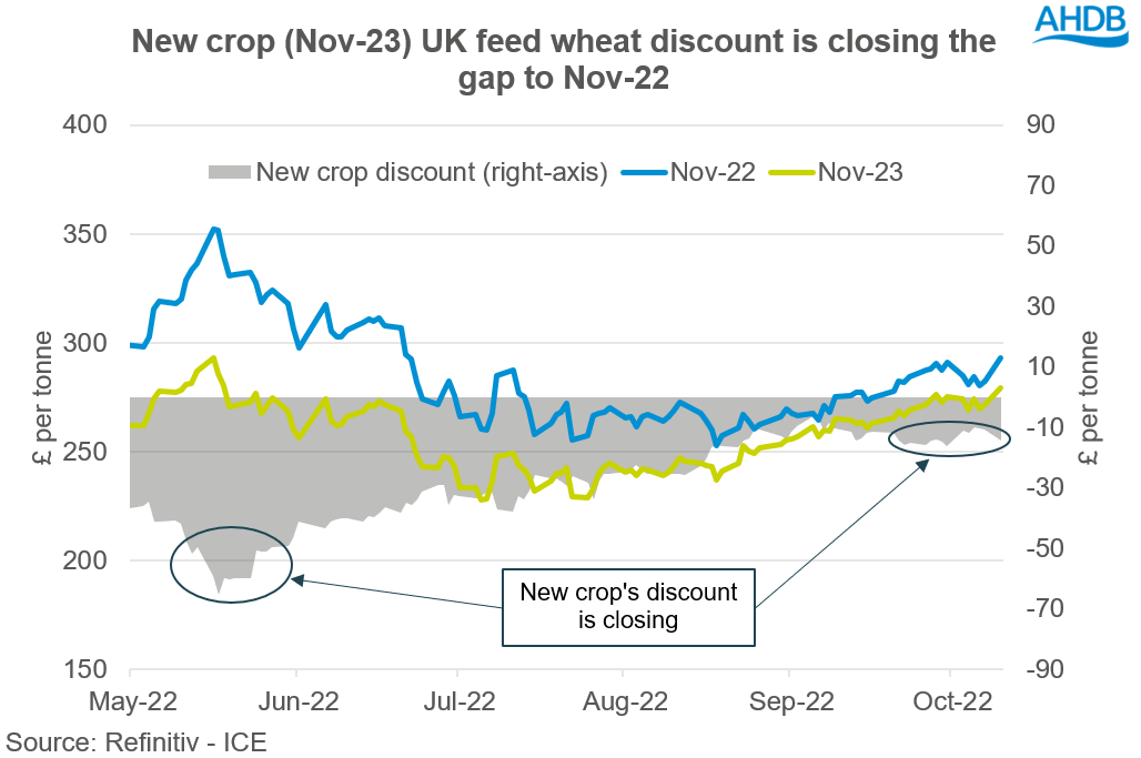 A graph showing new and old crop UK wheat futures with the discount.